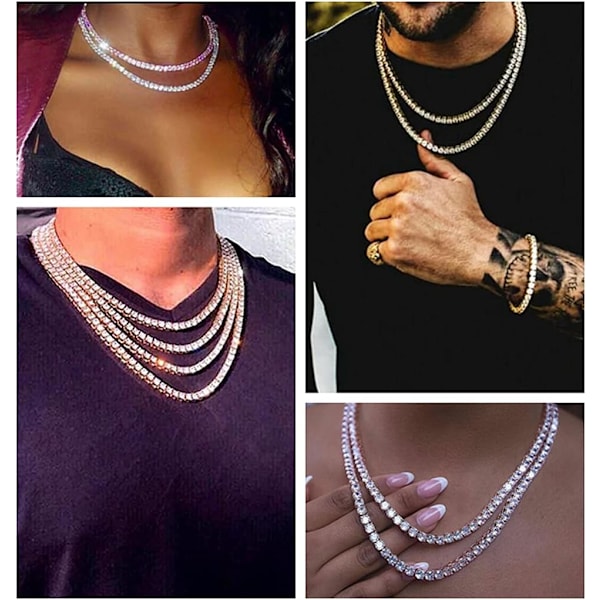 Silver Gold Iced Out Diamond Tennis kedja för män, Rhinestone Diamond Tennis Halsband för kvinnor, Tennis och Cuban Link Kedjor 18-30 tum
