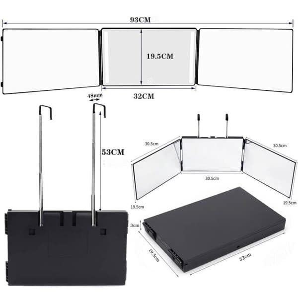1 stk sort LED 3-sidet foldbar makeup-spejl med lys, dæmpbar