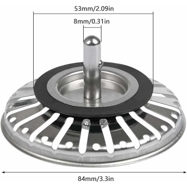 2 stk. vaskestop/vaskestop til køkken/badeværelse 84 mm i diameter med kuglespids, rustfrit stål