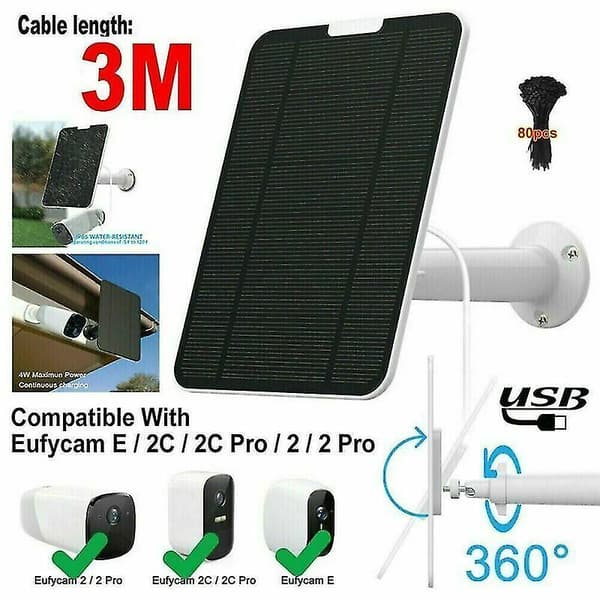 Solcellepanel for Eufycam 2/2c/2c Pro/e/2 Pro 4w Monteringsbrakett 13ft Kabel Svart