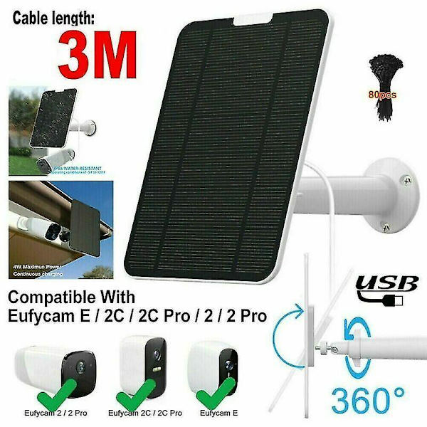 Solpanel för Eufycam 2/2c/2c Pro/e/2 Pro 4w Monteringsfäste 13ft Kabel Svart