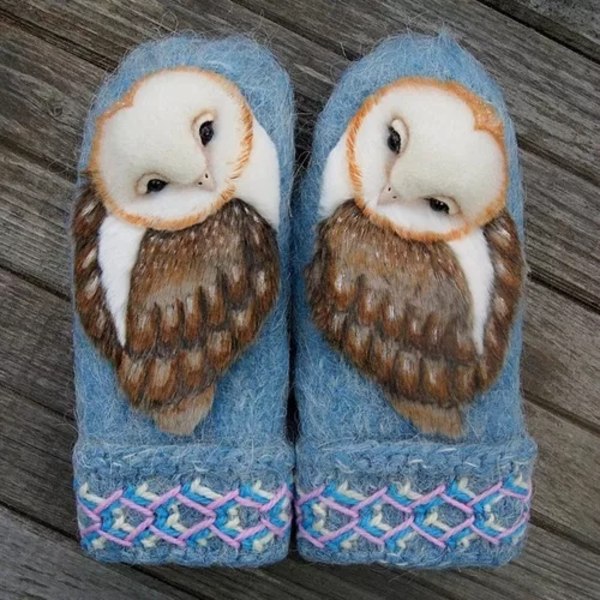 Owl-formade stickade vantar, tumvantar, bruna