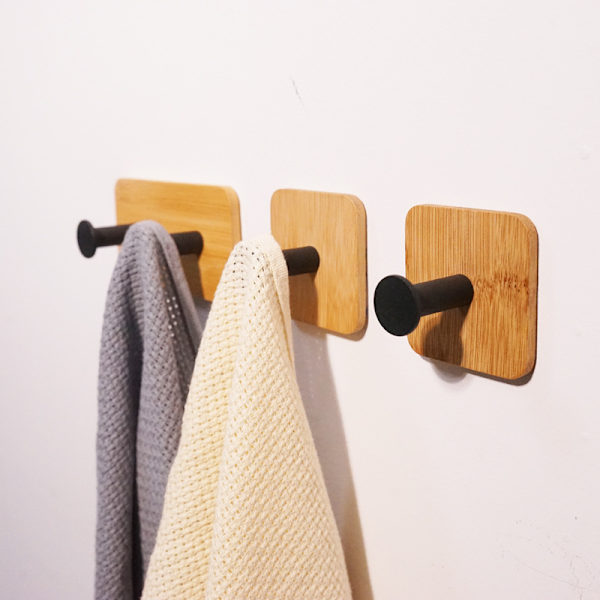 3-pack självhäftande krokar (svarta), bambukrokar, återanvändbara