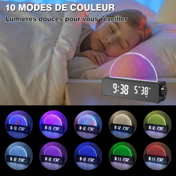 Ljusväckarklocka med 10 färglägen, LED-digital klocka med