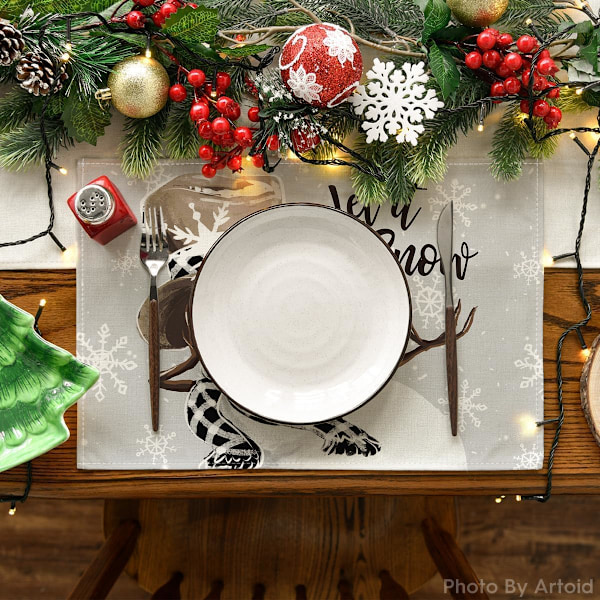 Grå Snögubbe Snöflingor Låt Det Snöa Vinter Underlägg Set om 4, 12x18 Tum Säsongsbetonad Julbord Underlägg för Fest K