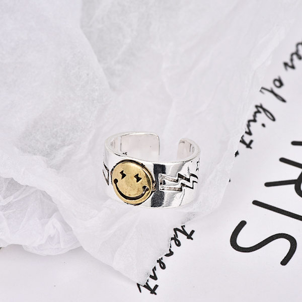 Smiley Face Ring i Sølv, Åpen Ring Justerbar Bredde, Smile Ring