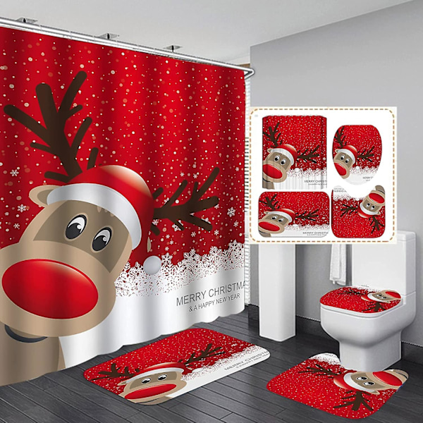 Glædelig jul bruseforhængssæt til badeværelse, 4 stk. julebruseforhæng/skridsikkert badeværelsestæppe/låg toiletdæksel/bade måtte, sjovt elg-dekor