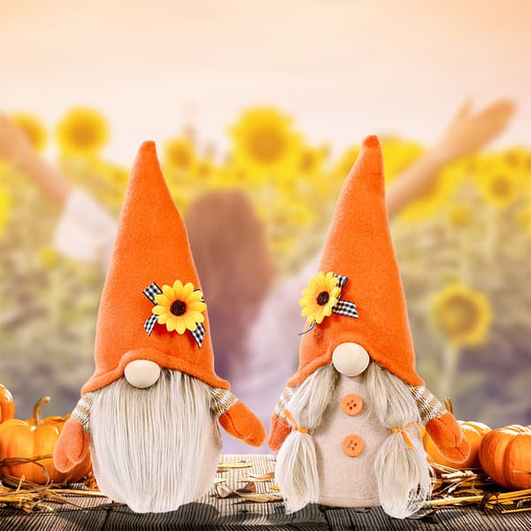Sæt af 2 Efterårs Deko GNOME Plys Elf Thanksgiving Solsikke