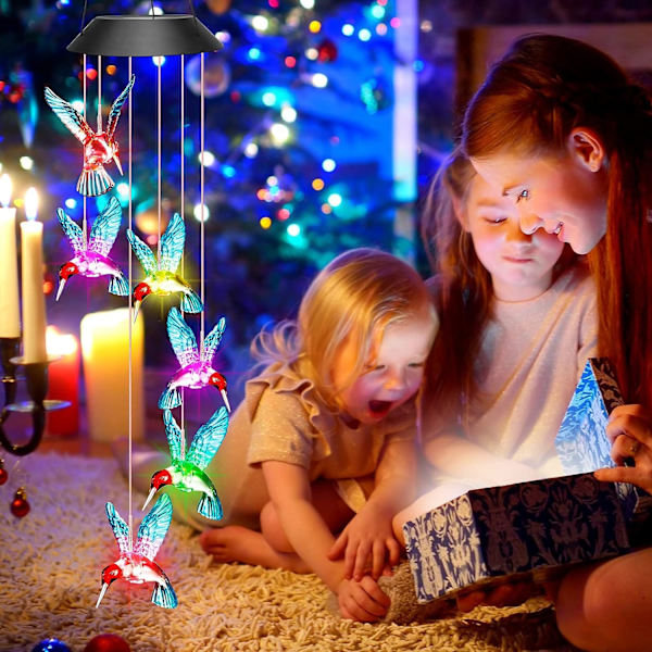 LED-aurinkoenergialla toimiva tuulipeli ulkokäyttöön, kolibri-väriä vaihtavat valot