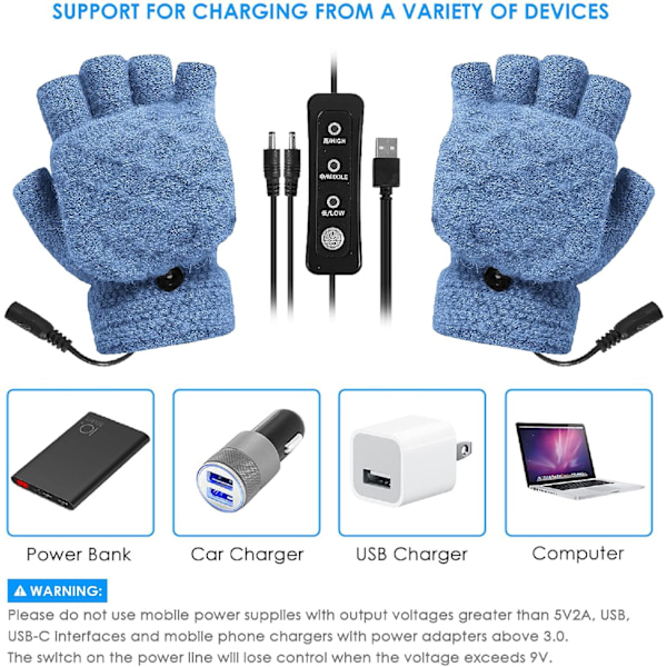 Unisex USB-lämmitteiset hanskat säädettävällä lämpötilalla, talvi, kokonaiset ja puoli-sormet, lämmityshanskat tietokoneelle