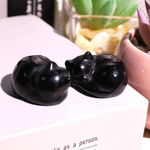 Sort Obsidian Kat Krystaller Figurine Sovende Kat Dekoration Helbredende S