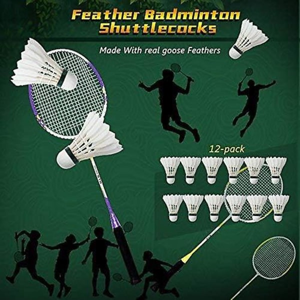 Badmintonfjädrar, 12-pack gåsfjäder badmintonfjädrar badmintonbollar med hög elasticitet och hållbarhet för inomhus, utomhus, sport