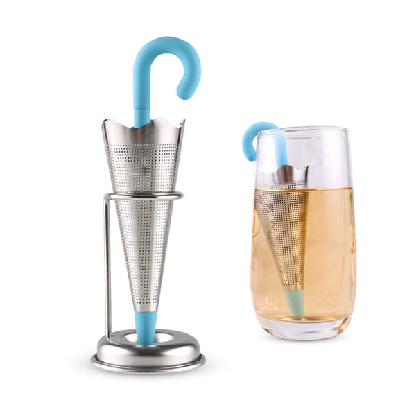 1 blå paraplyformad silikonteinfuser av livsmedelskvalitet