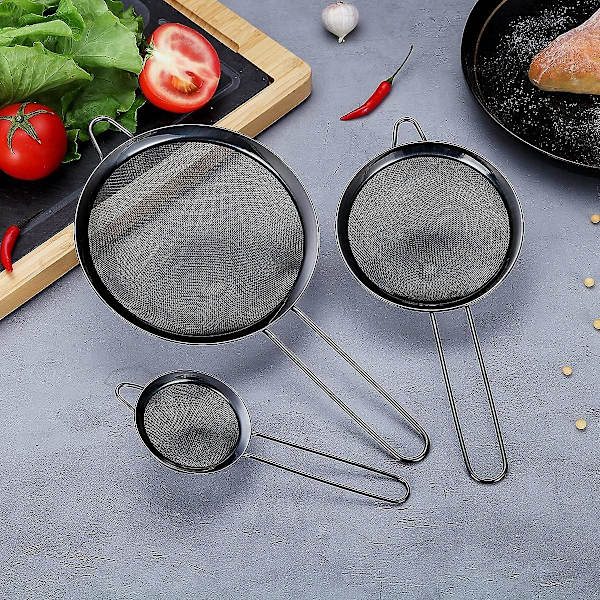 3-delt sæt af fintmasket si, melsigte til bagning, rustfrit stål clander, matcha sort te si, sovsseparator, pasta si colanders