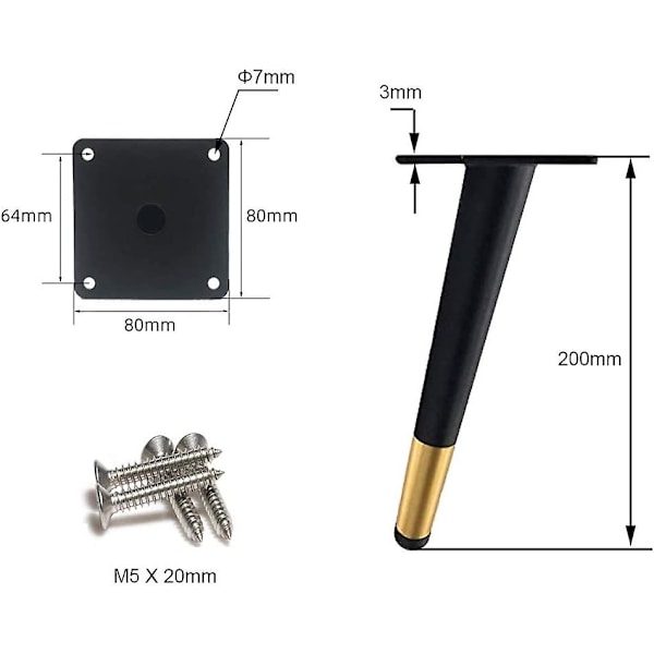 4 stk skråe bordben i metall, koniske møbelben, gullfarget, 20 cm høyde, sklisikker og lydløs bunn for sofaer, bord og andre møbler