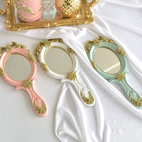 1 vintage håndspejl med guldrosa håndtag makeup spejl