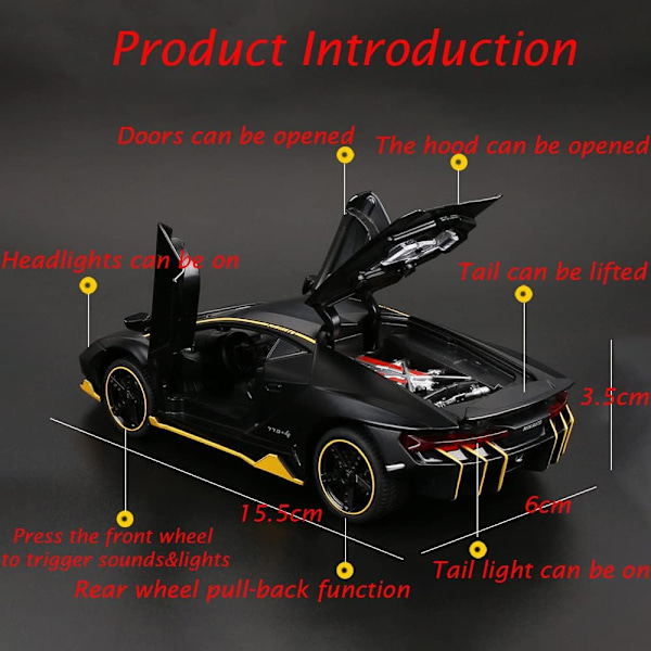 Alloy Samleobjekt Sort Lamborghini Legetøjs Træk Tilbage Køretøjer Die-Cast Biler Model med Lys & Lyd