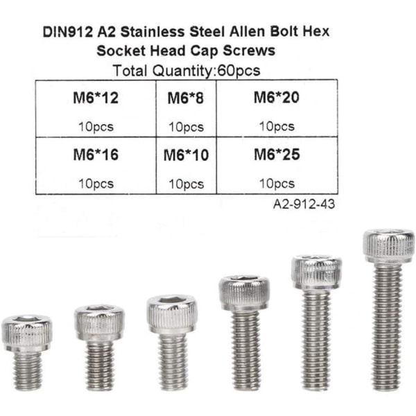 60 stk. M6x8/10/12/16/20/25 Kopskrue Hex Socket Skrue Sæt