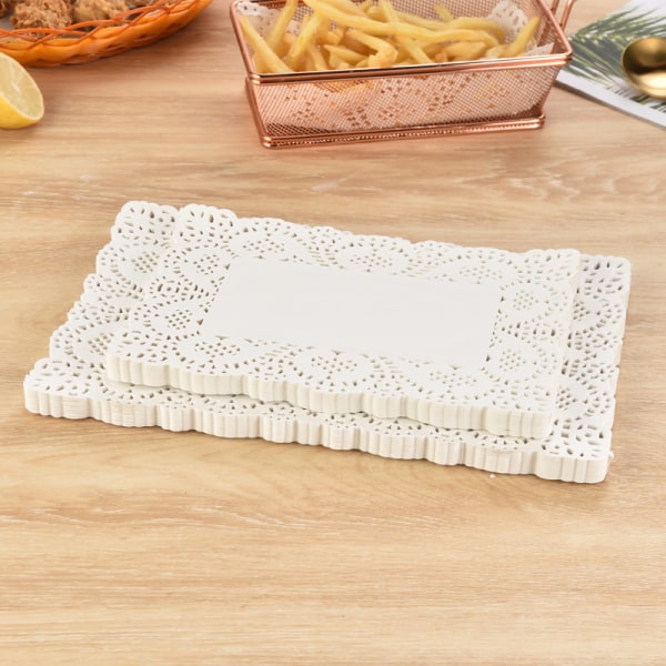 150 stycken vit spets rektangelpapper doilies tårta omslagsdynor