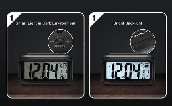 Tyst LCD-väckarklocka med ljus, datum, kalender,