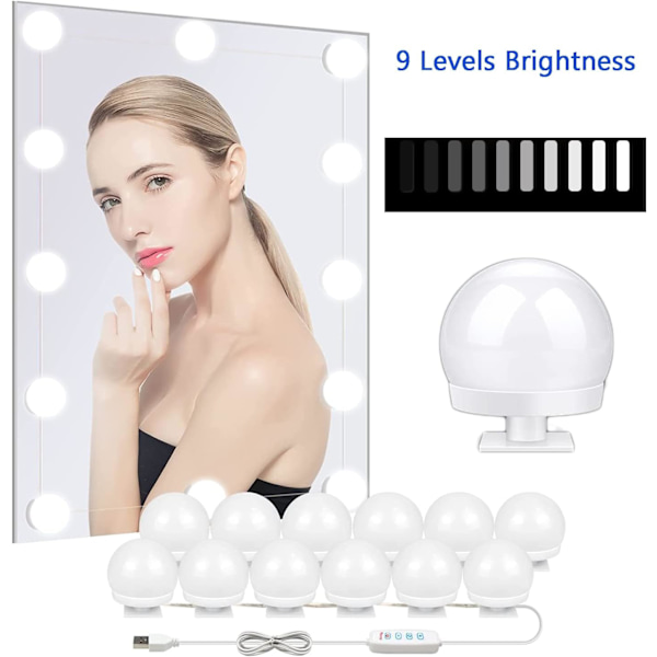 Sminkspegellampor med 12 LED-lampor, 3 justerbara färglägen, Hollywood-sminkspegelbelysningsset