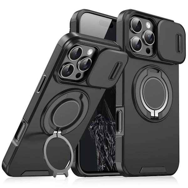 Magnetiskt Ringstativfodral för iPhone 15 Pro Max med Skjutbart Linslock, Svart