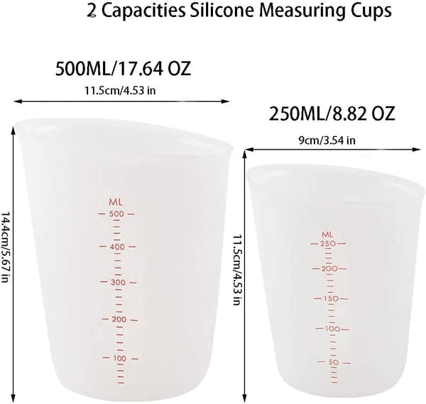 2 kpl Silikonimittakuppia asteikolla, 250 ml/500 ml