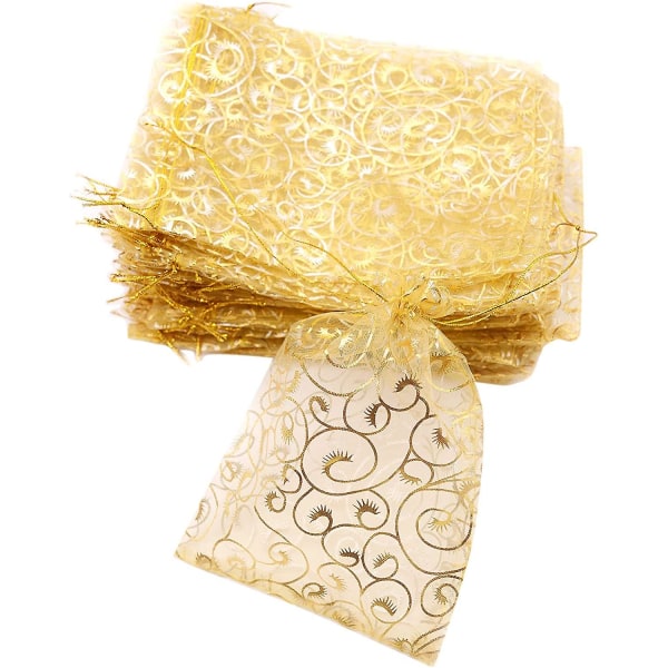 Wedding Favors Small Gift Bags, 100 Pcs 3.9 Inch x 4.7 Inch (10x12cm) Gold Organza Bags for Party Favor Bags Small Business Candy Bags Mesh Bag