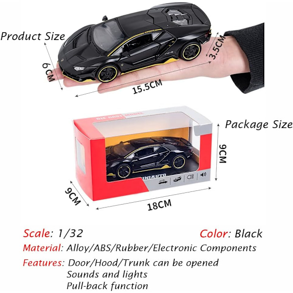 Alloy Samleobjekt Sort Lamborghini Legetøjs Træk Tilbage Køretøjer Die-Cast Biler Model med Lys & Lyd