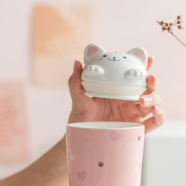 Kattkaffemugg med sugrör Keramisk resekopp med 3D-kattlock