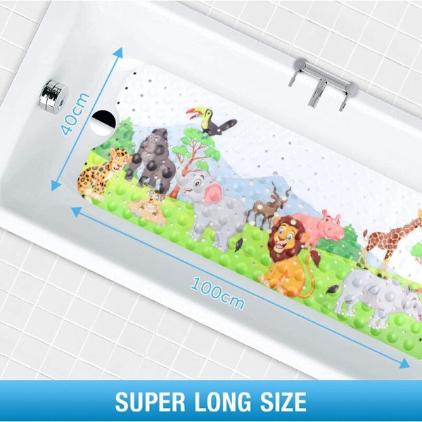 Skridsikker bademåtte 100x40cm, skridsikker badekar måtte med 200 sugekopper PVC materiale, brusebad måtte med tegneserie havdyr til børn og baby (Zoo)
