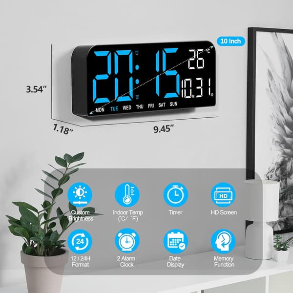 LED Digital Väggklocka Dekorativ, 10\" Digitala Väckarklockor för Sovrum, Digital Klocka Stor Display med Temperatur