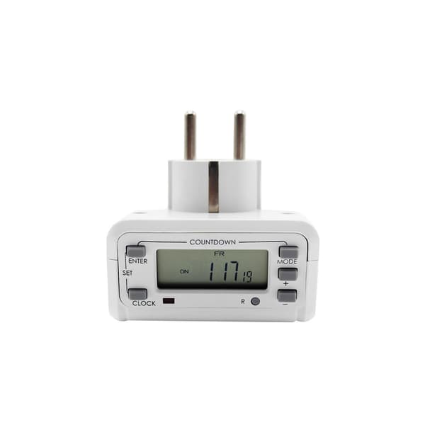 Programmerbar stikkontakt med LCD-display på toppen, 230 VAC, 3680 W, 16 programmer, tilstedeværelsessimulator