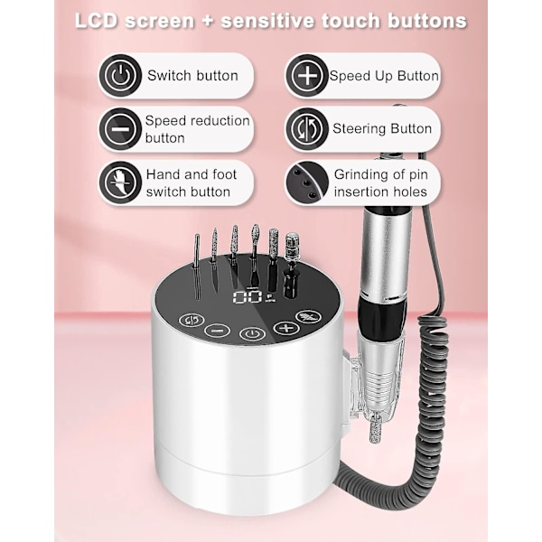 Profesjonell neglebormaskin 35000 RPM, neglebormaskin, elektrisk neglebormaskin, elektrisk neglefilmaskin, profesjonell neglebormaskin med fotpedal og 6 neglebormaskiner