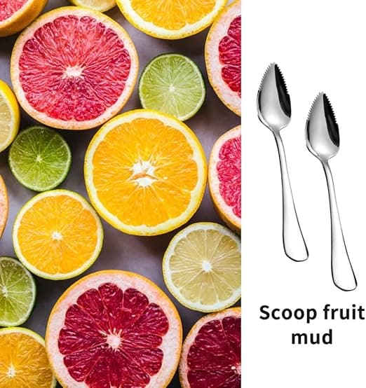 2 st silverfärgade rostfria skedar med sågtandade kanter för grapefrukt