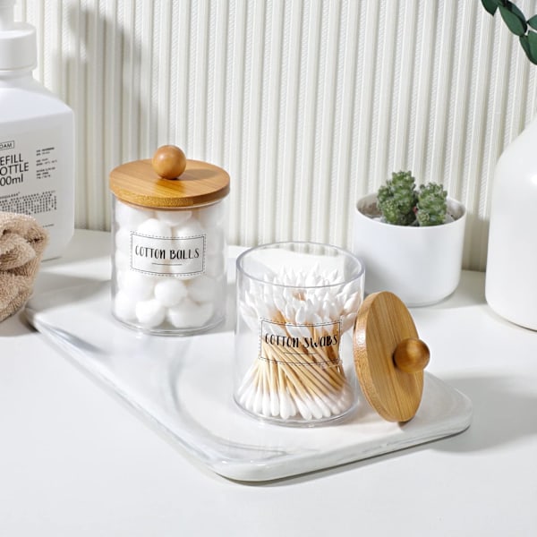 2-pack Behållare med bambulock - 10 oz klara plastburkar för sminkorganisation på toalettbordet