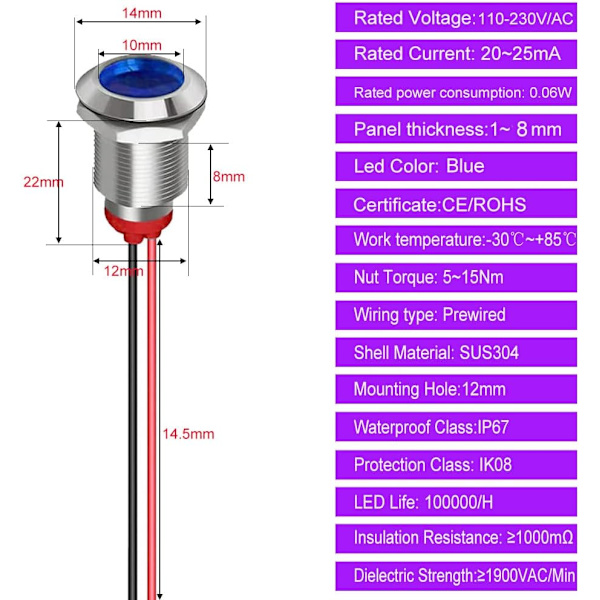 5 stk. 12mm LED Metal Indikator 110V-220VAC Lys Vandtæt