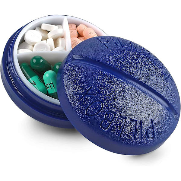 Pyöreä matkapillerirasia - Mini kannettava ja kompakti 4-lokeroinen lääkeaski pillereille ja vitamiineille, BPA-vapaa