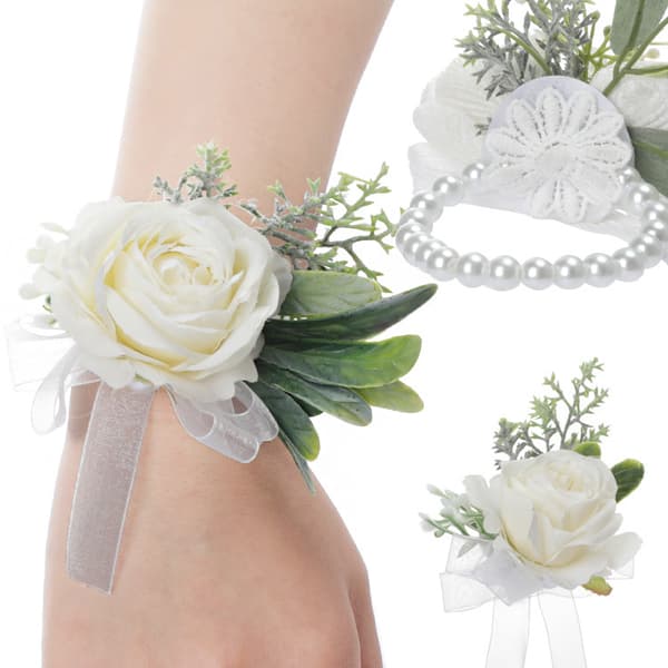 Vit roskorsage för handleden och herr corsage bröllopsblommor