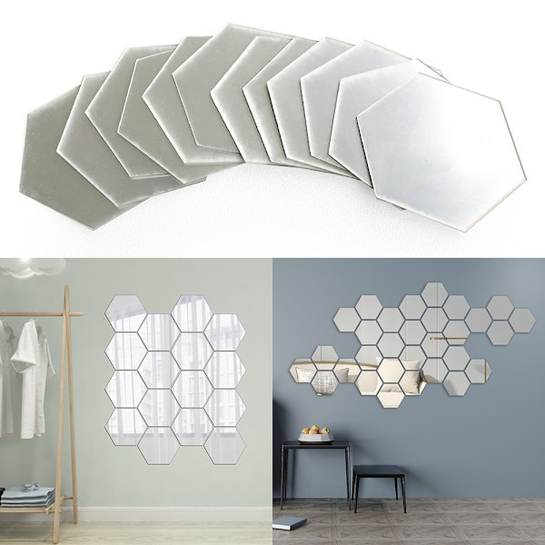 12 stk. Hexagon Spejl Vægstickers Akryl Spejl Indstilling Væggen