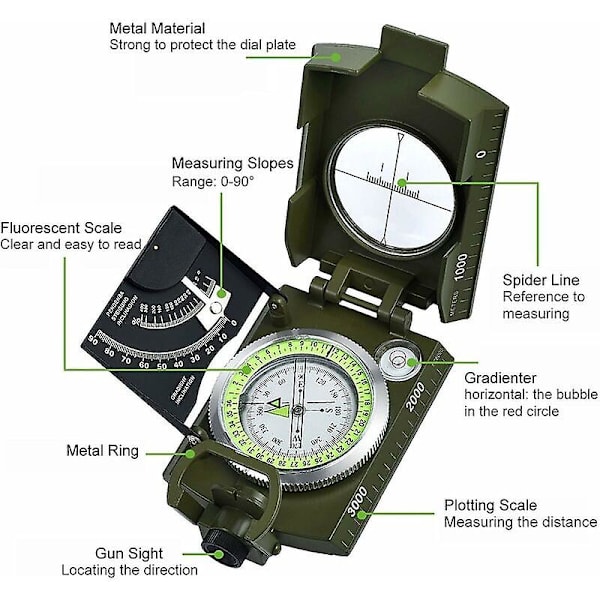 Ammattimainen metalli armeijan kompassi armeijan vaa'at geologia kompassi kantolaukulla metsästykseen patikointiin leirintään ja muihin ulkoiluaktiviteetteihin armeijan vihreä,