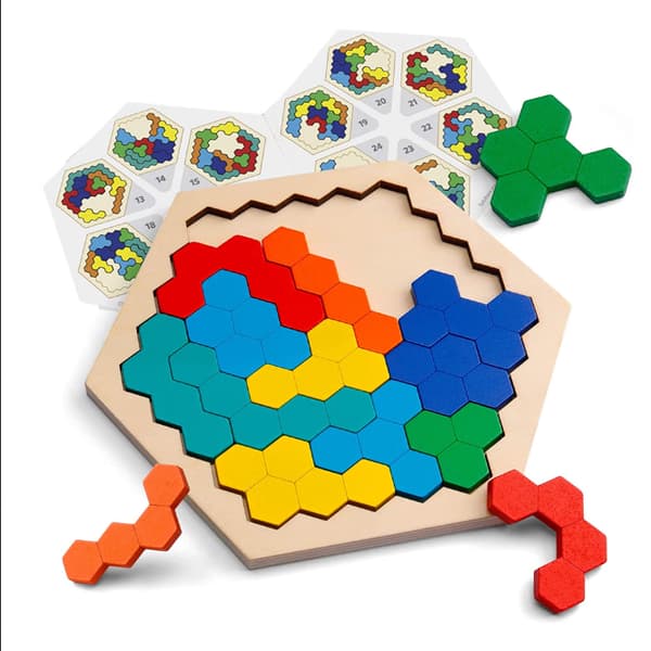 Trähjärnpussel i hexagonform - Tangram-blockform, hjärnteaser-leksak