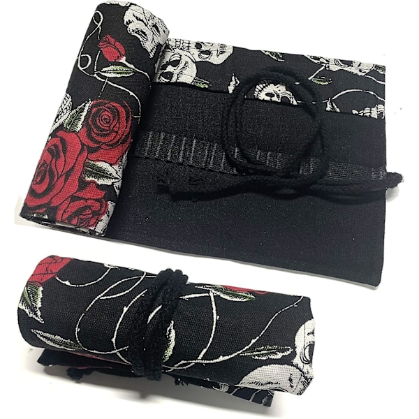 Canvas Pencil Bag, 72 Holes Pencil Pouch, Colored Pencil Case Multi-Purpose Bag (Pencils Not Included)Rose Skull