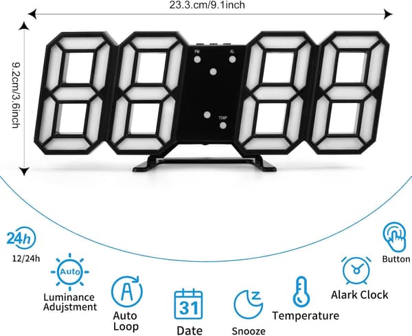 3D LED Digitalt Vækkeur til Skrivebord, 23 cm - Sort