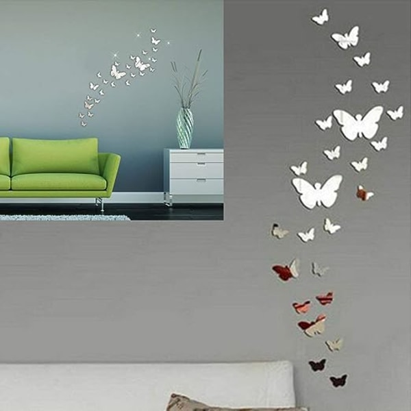 25 sølv akryl sommerfugl spejl klistermærker, sommerfugl væg