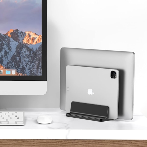 Vertikal bærbar computer stand - SPACEMax justerbar GRIPLock Anti-Tip silikone 4 slots aluminium skrivebordsstativ - dobbelt dock stand - 2 telefonslots passer til op til 17,3” bærbare computere, tablets, telefoner - sort