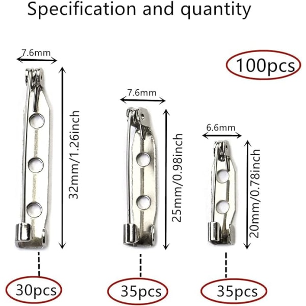 100 pakke sikkerhetsnåler, håndverksnåler (20 / 25 / 32 mm), sikkerhetsnåler