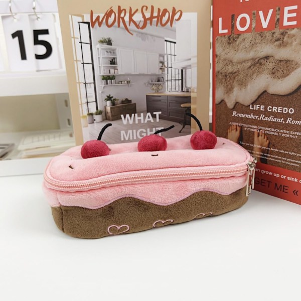 Voksen Fuzzy Pink Cherry Cake Kawaii Stor Kapacitet Y2K Æstetisk Etui Kasseholder Sød Estuche para lapices