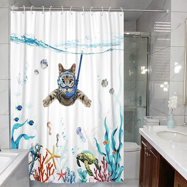 Blå Rolig Katt Duschdraperi, 72'' × 72'' Set Teal Hav Ocean