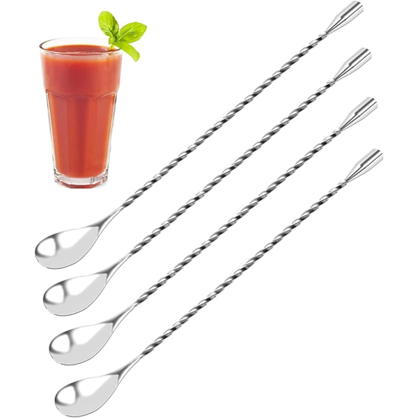 4 sølv 31 cm cocktailblandingsskjeer, drikkeomrørere, lange